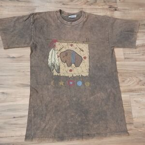 Vintage Native American T Shirt Tee - Size M - Buffalo Peace Pipe Acid-Wash